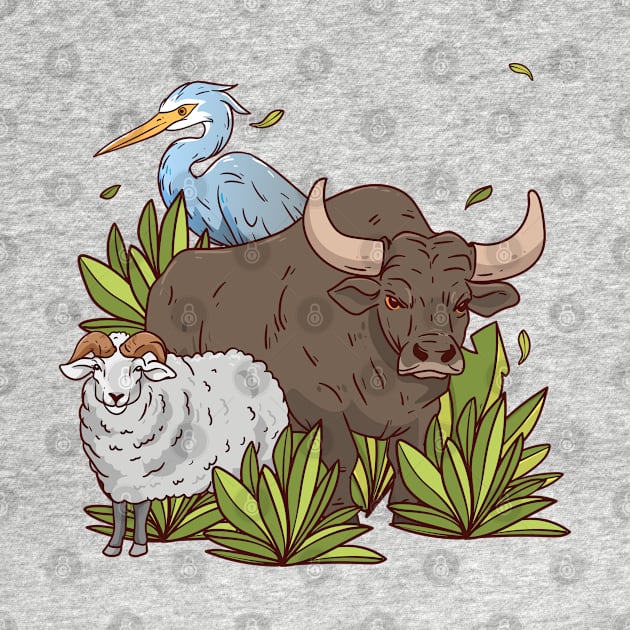 Sheep Bison Bird Hand Drawn by Mako Design 